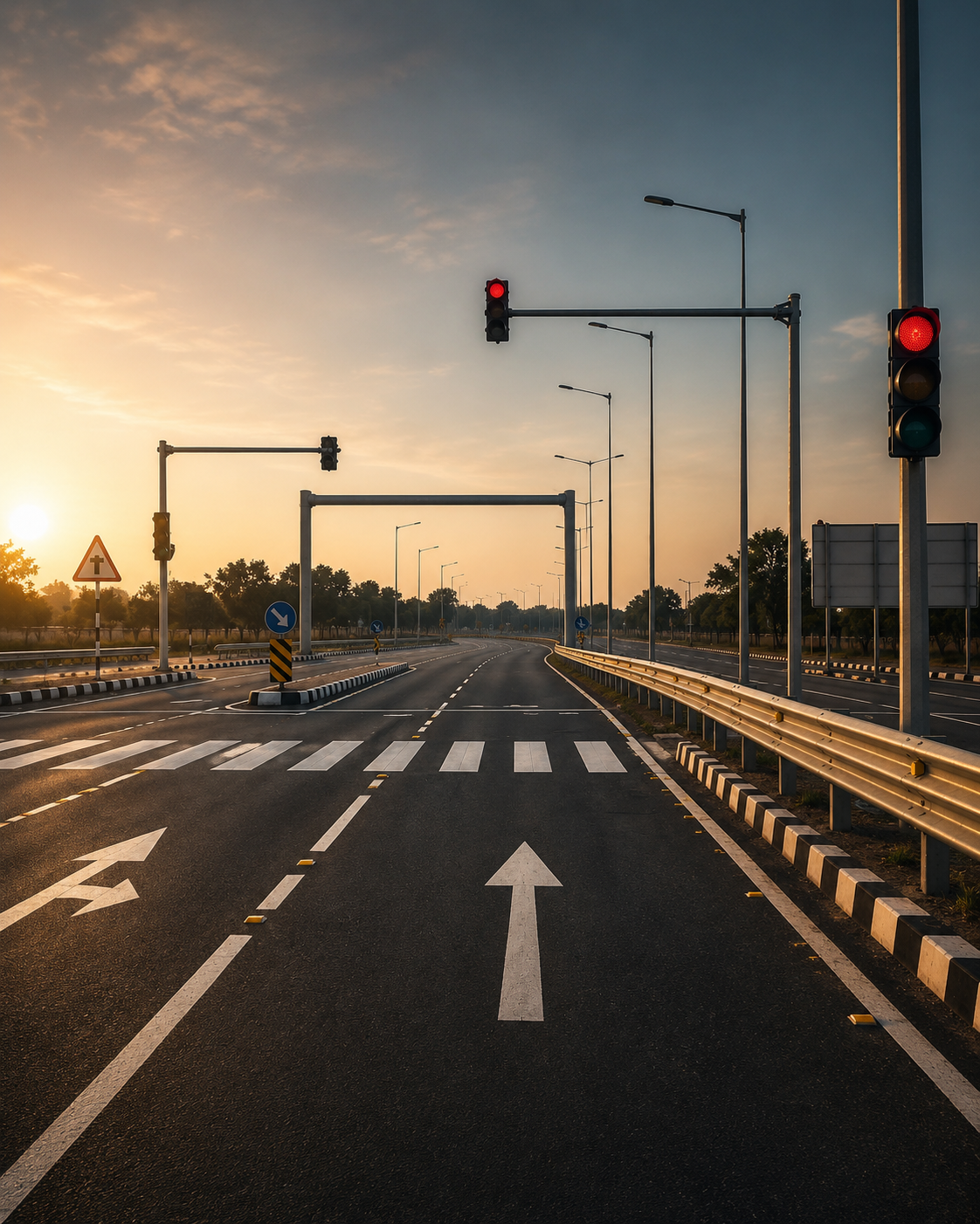 Highway infrastructure with signage, gantry and lighting at sunset